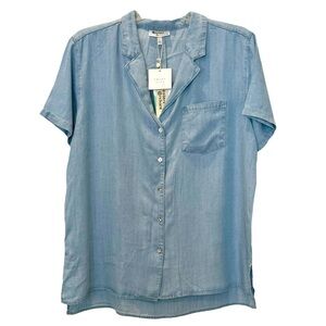 NWT Hester & Orchard Size L 100% Tencel Sky Blue Short Sleeve Button up Shirt